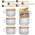 DOPUDO 6pcs Vintage Coffee Mugs 14oz, Overnight Oats Containers with Bamboo Lids and Spoons - Clear Embossed Glass Cups, Cute Iced Coffee Glasses Bar Accessories, Clear Cups Vintage gifts for women