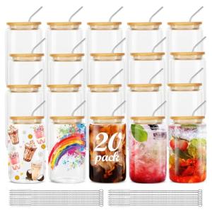 ASKIZ 20Pcs Glass Cups With Bamboo Lids and Straws,16Oz Ice Coffee Cup,Drinking Glasses Cups Set,Water Bottles Glasses for Juicing,Beer,Coffee,Soda,Tea-Glass Tumbler Reusable for Gifts