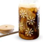 Yellow Daisies Iced Coffee Glass Cup with Bamboo Lid and Straw | 16oz Beer Can Shaped Glass Soda Cup | Glass Tumbler with Collapsable Straw
