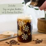 Yellow Daisies Iced Coffee Glass Cup with Bamboo Lid and Straw | 16oz Beer Can Shaped Glass Soda Cup | Glass Tumbler with Collapsable Straw