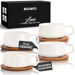 MIAMIO – 11 Oz., Set of 4 Ceramic Tea Cup and Saucer Bamboo/Tea Mug - Wide Cappuccino Cup, Coffee Cups Ceramic Mug for Cappuccino, Latte, Espresso & Americano - Luxe Collection (White)