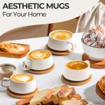 MIAMIO – 11 Oz., Set of 4 Ceramic Tea Cup and Saucer Bamboo/Tea Mug - Wide Cappuccino Cup, Coffee Cups Ceramic Mug for Cappuccino, Latte, Espresso & Americano - Luxe Collection (White)