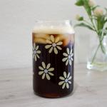 Yellow Daisies Iced Coffee Glass Cup with Bamboo Lid and Straw | 16oz Beer Can Shaped Glass Soda Cup | Glass Tumbler with Collapsable Straw