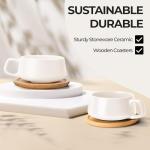 MIAMIO – 11 Oz., Set of 4 Ceramic Tea Cup and Saucer Bamboo/Tea Mug - Wide Cappuccino Cup, Coffee Cups Ceramic Mug for Cappuccino, Latte, Espresso & Americano - Luxe Collection (White)