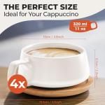MIAMIO – 11 Oz., Set of 4 Ceramic Tea Cup and Saucer Bamboo/Tea Mug - Wide Cappuccino Cup, Coffee Cups Ceramic Mug for Cappuccino, Latte, Espresso & Americano - Luxe Collection (White)