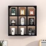 Helsin 9 Grid Vintage Coffee Mug Display Rack, 16inch Wall Mounted Wooden Curio Shadow Box Shelf, Cup Floating Shelves Display and Organizer (Black)