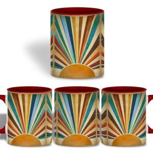 ATSAKA Retro Sunburst Mug, Vintage 70s Aesthetic Coffee Mug, 11oz Ceramic Cup, Boho Sunrise Geometric Design, Colorful Hippie Art Gift, Mid-Century Modern Style, Warm Sunset Pattern, Dishwasher Safe