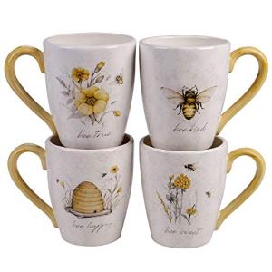 Bee Sweet Set of 4 Large Ceramic Mugs – 22 oz Coffee, Tea, Hot Cocoa Cups with Farmhouse Bee & Floral Design, Rustic Oversized Mugs with Comfort Handle – Microwave & Dishwasher Safe