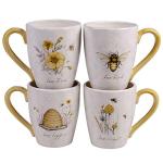 Bee Sweet Set of 4 Large Ceramic Mugs – 22 oz Coffee, Tea, Hot Cocoa Cups with Farmhouse Bee & Floral Design, Rustic Oversized Mugs with Comfort Handle – Microwave & Dishwasher Safe