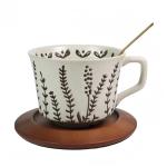 PMNING Vintage Ceramic Coffee Mug Thick Pottery Coffee Tea cup with Wooden Saucer and Spoon - 12 oz Tea cup and Saucer with Spoon