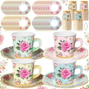 Umigy 60 Sets Tea Party Decorations Floral Paper Tea Cups with Handle and Plates Disposable Blossom Teacups and Saucers Sets with Tape for Hot Cold Drink Birthday(Multicolor,6.5 oz)