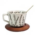 PMNING Vintage Ceramic Coffee Mug Thick Pottery Coffee Tea cup with Wooden Saucer and Spoon - 12 oz Tea cup and Saucer with Spoon