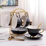 Nuoxent Ceramic Cup and Saucer Sets - Complete Set of 4 with Cup Holder for Coffee, Cappuccino, Black Tea, Green Tea, Elegant Design with Gold Rim