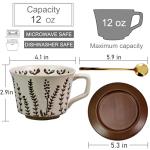 PMNING Vintage Ceramic Coffee Mug Thick Pottery Coffee Tea cup with Wooden Saucer and Spoon - 12 oz Tea cup and Saucer with Spoon