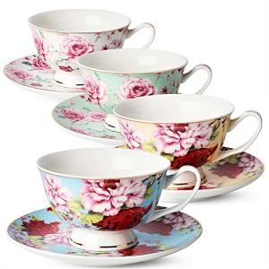 BTaT- Floral Tea Cups and Saucers Set of 4 (7 oz), Porcelain Tea Cup Sets, Assorted Colors with Gold Trim & Gift Box, Dishwasher & Freezer Safe