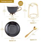 Nuoxent Ceramic Cup and Saucer Sets - Complete Set of 4 with Cup Holder for Coffee, Cappuccino, Black Tea, Green Tea, Elegant Design with Gold Rim