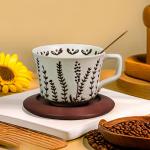 PMNING Vintage Ceramic Coffee Mug Thick Pottery Coffee Tea cup with Wooden Saucer and Spoon - 12 oz Tea cup and Saucer with Spoon