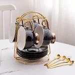 Nuoxent Ceramic Cup and Saucer Sets - Complete Set of 4 with Cup Holder for Coffee, Cappuccino, Black Tea, Green Tea, Elegant Design with Gold Rim