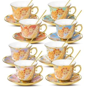 Tea Cups and Saucers Set of 8, 8 OZ Floral Tea Cup with Saucer, Vintage Tea Cups Porcelain Tea Set with Spoon for Latte, Mocha, Afternoon Tea Birthday Party Supply Thanksgiving Day Halloween gifts