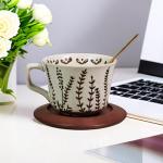 PMNING Vintage Ceramic Coffee Mug Thick Pottery Coffee Tea cup with Wooden Saucer and Spoon - 12 oz Tea cup and Saucer with Spoon