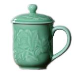 Teacups 13oz Coffee Mugs with Lid Porcelain Cups Embossed with Peony Chinese Celadon(01-Green)