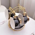 Nuoxent Ceramic Cup and Saucer Sets - Complete Set of 4 with Cup Holder for Coffee, Cappuccino, Black Tea, Green Tea, Elegant Design with Gold Rim