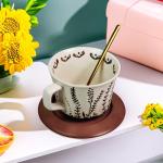 PMNING Vintage Ceramic Coffee Mug Thick Pottery Coffee Tea cup with Wooden Saucer and Spoon - 12 oz Tea cup and Saucer with Spoon