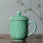 Teacups 13oz Coffee Mugs with Lid Porcelain Cups Embossed with Peony Chinese Celadon(01-Green)
