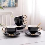 Nuoxent Ceramic Cup and Saucer Sets - Complete Set of 4 with Cup Holder for Coffee, Cappuccino, Black Tea, Green Tea, Elegant Design with Gold Rim
