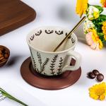 PMNING Vintage Ceramic Coffee Mug Thick Pottery Coffee Tea cup with Wooden Saucer and Spoon - 12 oz Tea cup and Saucer with Spoon