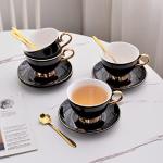 Nuoxent Ceramic Cup and Saucer Sets - Complete Set of 4 with Cup Holder for Coffee, Cappuccino, Black Tea, Green Tea, Elegant Design with Gold Rim