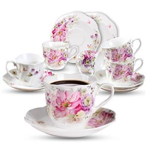 GuangYang 12 Pieces (Tiny Style) Espresso Cups and Saucers,2.5 ounce/80ml,Set of 6,Mini Premium Porcelain Coffee Cup Set, Fancy Flower Pattern Design