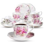 GuangYang 12 Pieces (Tiny Style) Espresso Cups and Saucers，2.5 ounce/80ml，Set of 6,Mini Premium Porcelain Coffee Cup Set, Fancy Flower Pattern Design