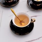 Nuoxent Ceramic Cup and Saucer Sets - Complete Set of 4 with Cup Holder for Coffee, Cappuccino, Black Tea, Green Tea, Elegant Design with Gold Rim