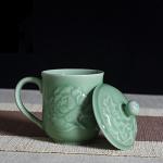 Teacups 13oz Coffee Mugs with Lid Porcelain Cups Embossed with Peony Chinese Celadon(01-Green)