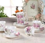GuangYang 12 Pieces (Tiny Style) Espresso Cups and Saucers，2.5 ounce/80ml，Set of 6,Mini Premium Porcelain Coffee Cup Set, Fancy Flower Pattern Design