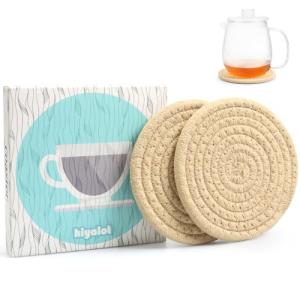 4.8" Khaki Cotton Coasters for Drinks Set of 2 – Absorbent Woven Drink Pads for Coffee & Tea, Boho Minimalist Cup Mats for Desk, Nightstand, Table, Giftable Neutral Coaster Set for Home or Office