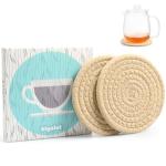 4.8" Khaki Cotton Coasters for Drinks Set of 2 – Absorbent Woven Drink Pads for Coffee & Tea, Boho Minimalist Cup Mats for Desk, Nightstand, Table, Giftable Neutral Coaster Set for Home or Office