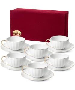 BTaT- White Tea Cups and Saucers Set With Gift Box, 7oz, Set of 6 With Gold Rim, for Adults, Bulk