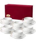 BTaT- White Tea Cups and Saucers Set With Gift Box, 7oz, Set of 6 With Gold Rim, for Adults, Bulk
