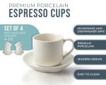 Espresso Cups Set of 4 with Matching Saucers – 4 oz White Porcelain Demitasse Cups for Italian, Turkish, or Lungo Coffee – 8-Piece Set