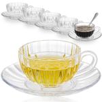 GURUDAR Glass Tea Cups and Saucers Set of 6, Clear Coffee Mugs with Stainless Steel Spoon, Dishwasher & Microwave Safe Teacups for Espresso Cappuccino Latte Tea Juice, 6OZ/180ML