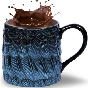 Danrun 16 oz Coffee Mugs with Handle - Vintage Ceramic Tea Cup for Pour Over Coffee Lovers Birthday Gifts - Aesthetic Flat Bottom Tea Mug with 3D Feather Engraving, Microwave & Dishwasher Compatible
