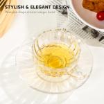 GURUDAR Glass Tea Cups and Saucers Set of 6, Clear Coffee Mugs with Stainless Steel Spoon, Dishwasher & Microwave Safe Teacups for Espresso Cappuccino Latte Tea Juice, 6OZ/180ML