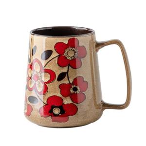 XINRRY Large 24 oz Ceramic Coffee Mug with Handle, Vintage Floral Coffee Cup, Extra Big Tea Cup for Office and Home, Dishwasher and Microwave Safe, Khaki with Red Flower