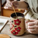 XINRRY Large 24 oz Ceramic Coffee Mug with Handle, Vintage Floral Coffee Cup, Extra Big Tea Cup for Office and Home, Dishwasher and Microwave Safe, Khaki with Red Flower