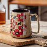 XINRRY Large 24 oz Ceramic Coffee Mug with Handle, Vintage Floral Coffee Cup, Extra Big Tea Cup for Office and Home, Dishwasher and Microwave Safe, Khaki with Red Flower