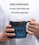 Danrun 16 oz Coffee Mugs with Handle - Vintage Ceramic Tea Cup for Pour Over Coffee Lovers Birthday Gifts - Aesthetic Flat Bottom Tea Mug with 3D Feather Engraving, Microwave & Dishwasher Compatible