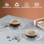 GURUDAR Glass Tea Cups and Saucers Set of 6, Clear Coffee Mugs with Stainless Steel Spoon, Dishwasher & Microwave Safe Teacups for Espresso Cappuccino Latte Tea Juice, 6OZ/180ML