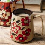 XINRRY Large 24 oz Ceramic Coffee Mug with Handle, Vintage Floral Coffee Cup, Extra Big Tea Cup for Office and Home, Dishwasher and Microwave Safe, Khaki with Red Flower
